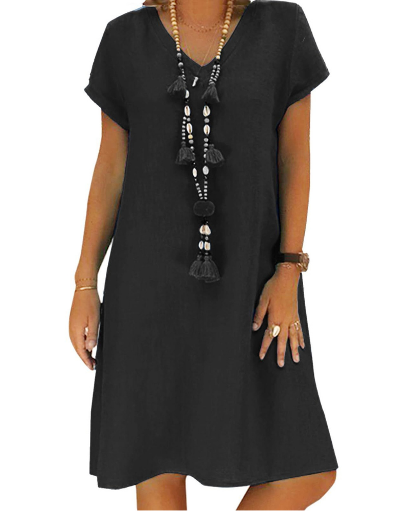 Sophie Damen Midikleid – Baumwoll-Leinen, V-Ausschnitt, kurze Ärmel & Taschen