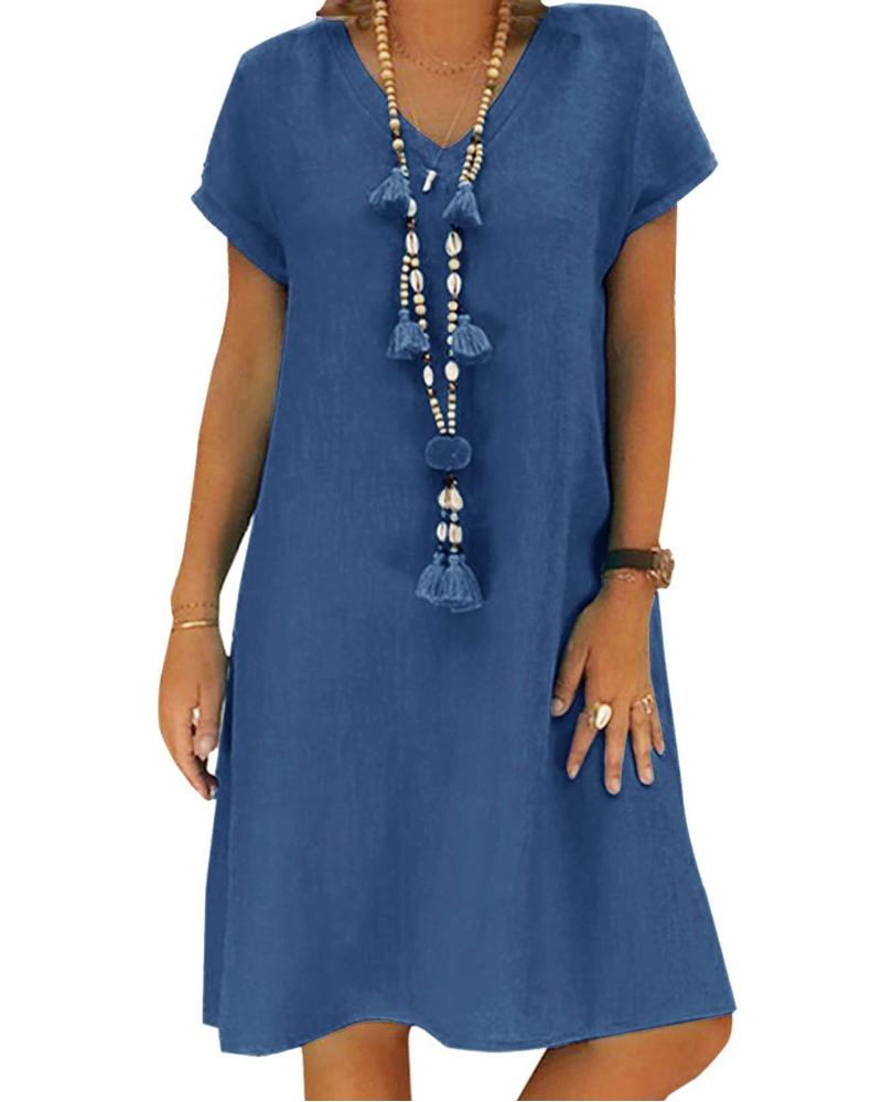 Sophie Damen Midikleid – Baumwoll-Leinen, V-Ausschnitt, kurze Ärmel & Taschen