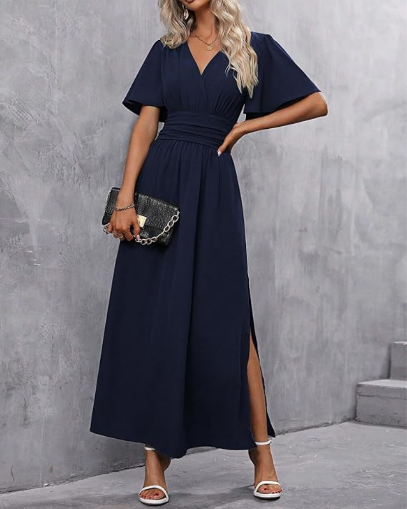 Isabelle Maxi Dress for Women – V-Neck, Smocked Waist, Puff Sleeves & Slit