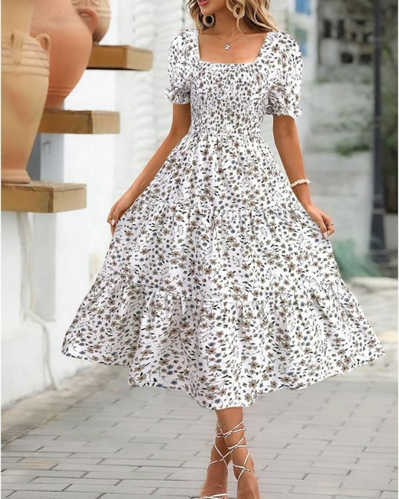 Evelyn Midikleid für Damen – Blumenmuster, Puffärmel & definierte Taille