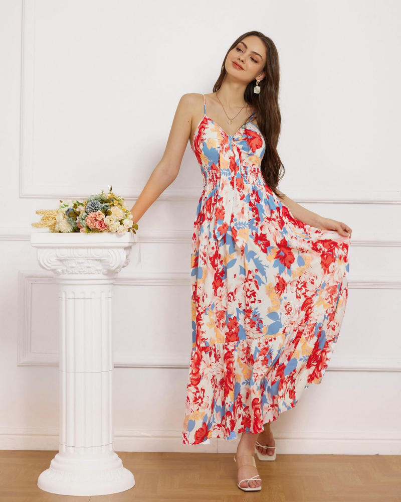 Hazel Robe Femme Maxi – Imprimé Floral, Bretelles Réglables, Nœud et Volants