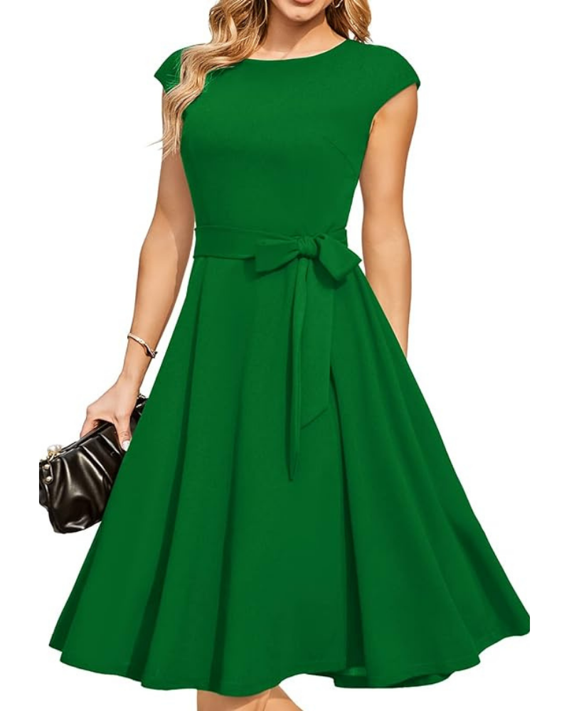 Juliette dámské midi šaty – střih fit & flare, odnímatelný pásek a krátké rukávy