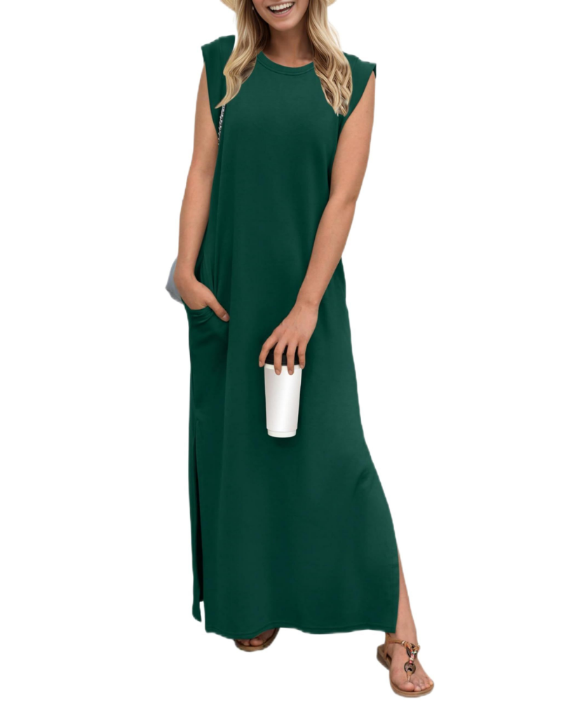 Brielle Robe Femme Maxi – Col Rond, Sans Manches, Poches & Fente