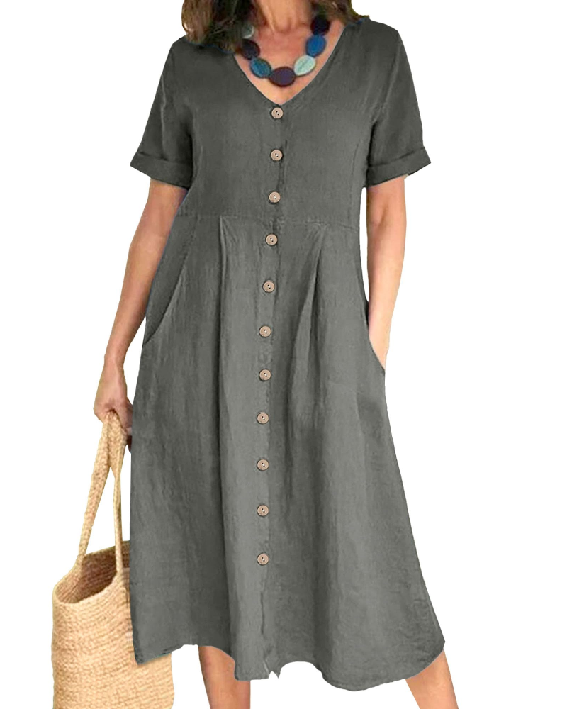Serena Vestito Donna Midi – Misto Lino, Scollo a V, Bottoni & Fit Plus Size
