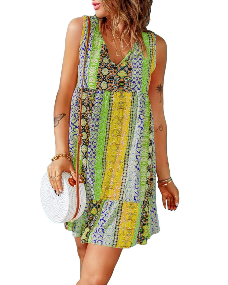 Isla Φόρεμα Γυναικείο Mini – Boho Στυλ, V Λαιμόκοψη, Αμάνικο & Βολάν Στο Τελείωμα