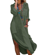 Madison Women's Dress – Long Cotton Linen Shirt Dress with Rolled-Up Sleeves & Buttons