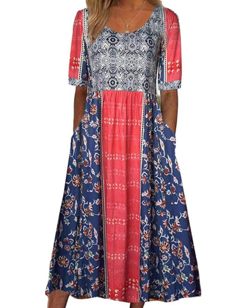 Tessa Dámské midi šaty – Boho květinový potisk, krátké rukávy, kapsy a volný střih