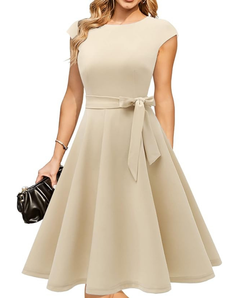 Juliette dámské midi šaty – střih fit & flare, odnímatelný pásek a krátké rukávy