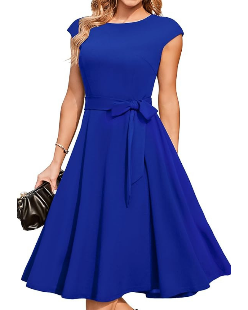 Juliette dámské midi šaty – střih fit & flare, odnímatelný pásek a krátké rukávy