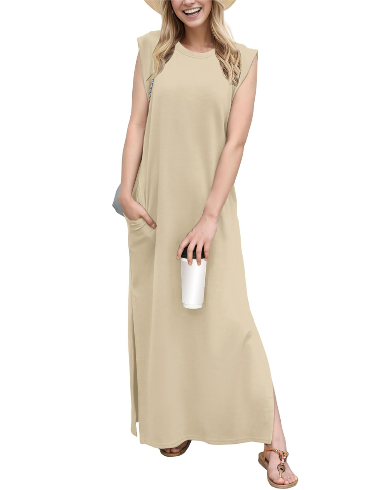 Brielle Vestito Donna Maxi – Girocollo, Senza Maniche, Tasche & Spacco