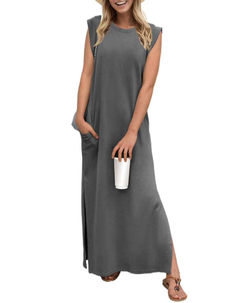 Brielle Vestito Donna Maxi – Girocollo, Senza Maniche, Tasche & Spacco