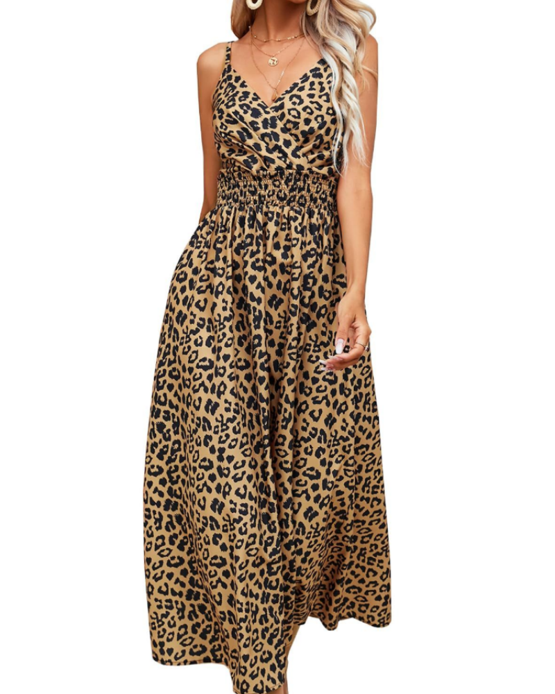 Sienna Women's Maxi Dress – Leopard Print, V-Neck, Open Back & A-Line