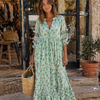 Ria Robe Femme Élégante – Robe Printanière Col V, Manches Bouffantes, Florale