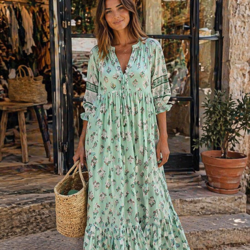 Ria Robe Femme Élégante – Robe Printanière Col V, Manches Bouffantes, Florale
