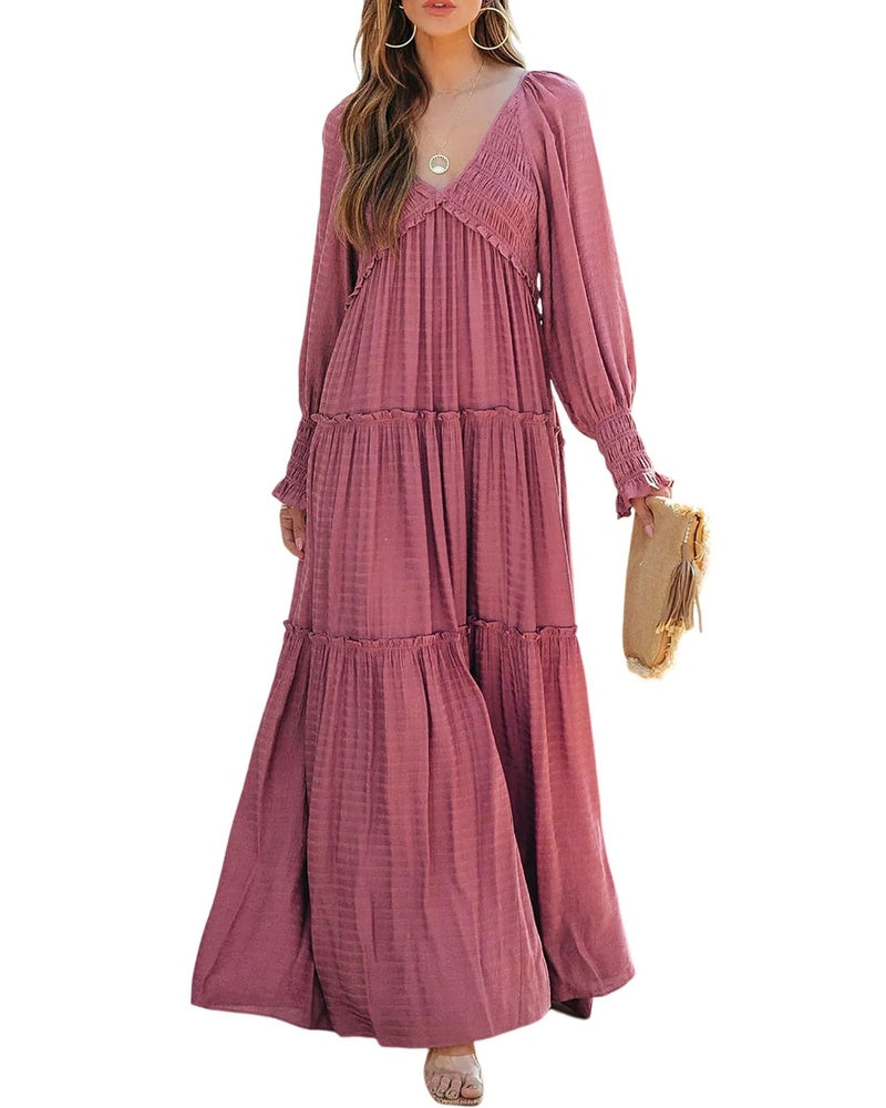 Sophie Abito Donna – Maxi Dress Boho con Scollo a V, Maniche Lunghe & Gonna a Balze