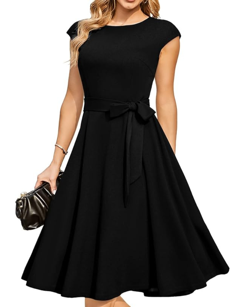 Juliette dámské midi šaty – střih fit & flare, odnímatelný pásek a krátké rukávy