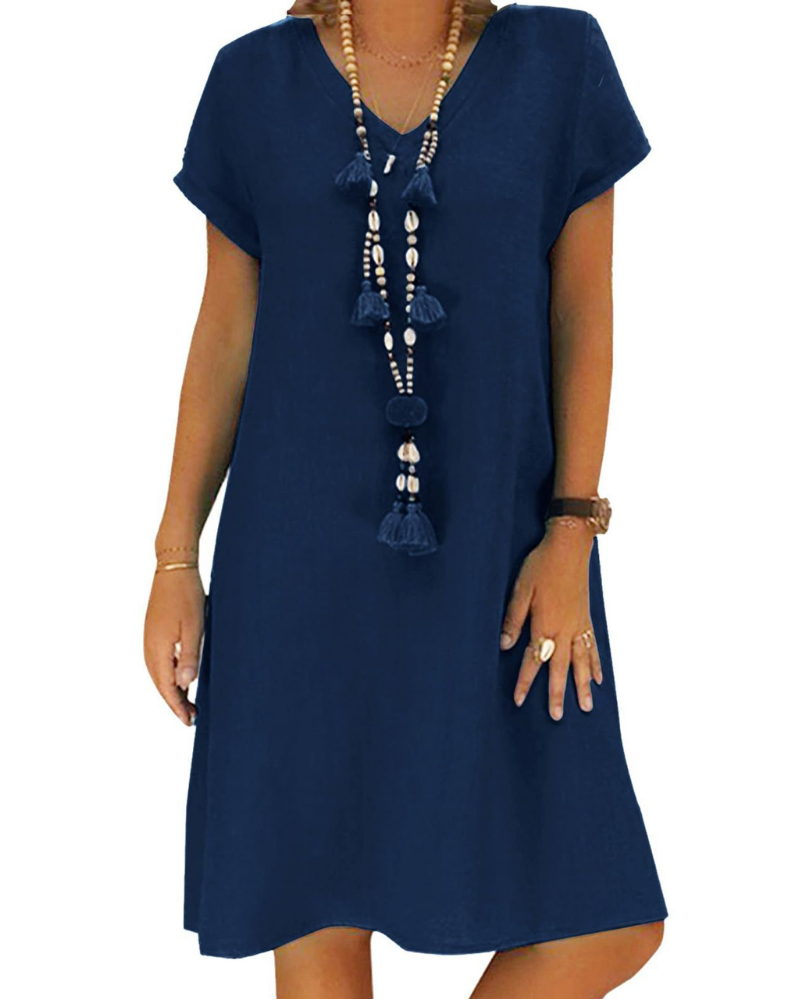 Sophie Damen Midikleid – Baumwoll-Leinen, V-Ausschnitt, kurze Ärmel & Taschen