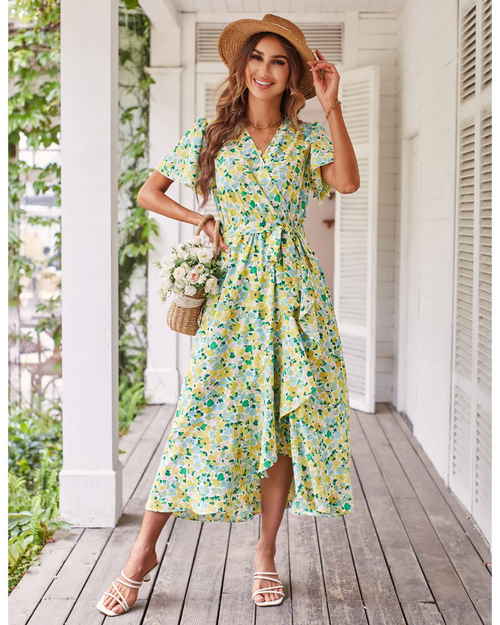 Amelia Vestito Donna Midi – Stampa Floreale Boho, Scollo a V, Volant & Cintura