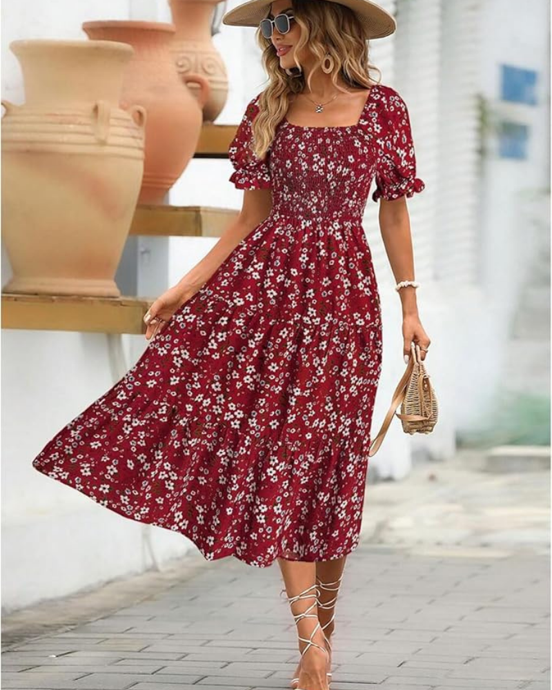 Evelyn Midikleid für Damen – Blumenmuster, Puffärmel & definierte Taille