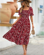 Evelyn Midikleid für Damen – Blumenmuster, Puffärmel & definierte Taille