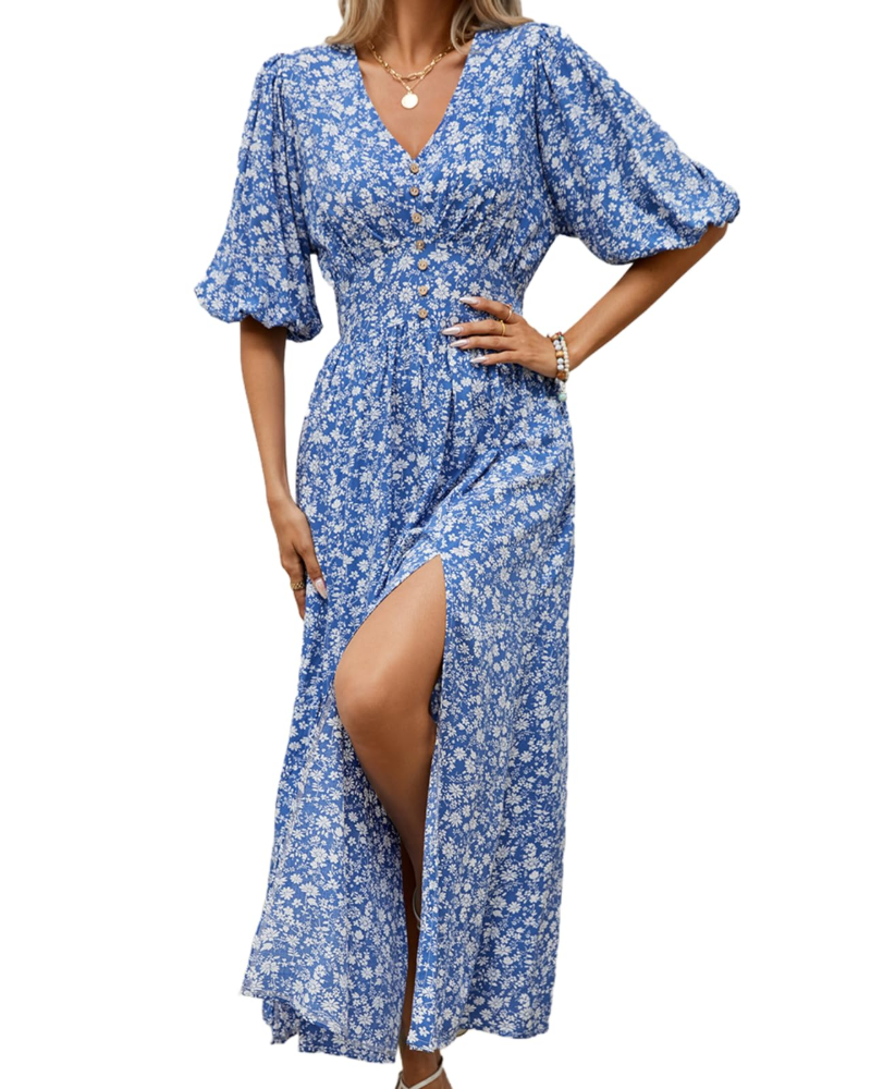 Lydia Vestito Donna Midi – Viscosa, Stampa Rose, Scollo a V & Cintura
