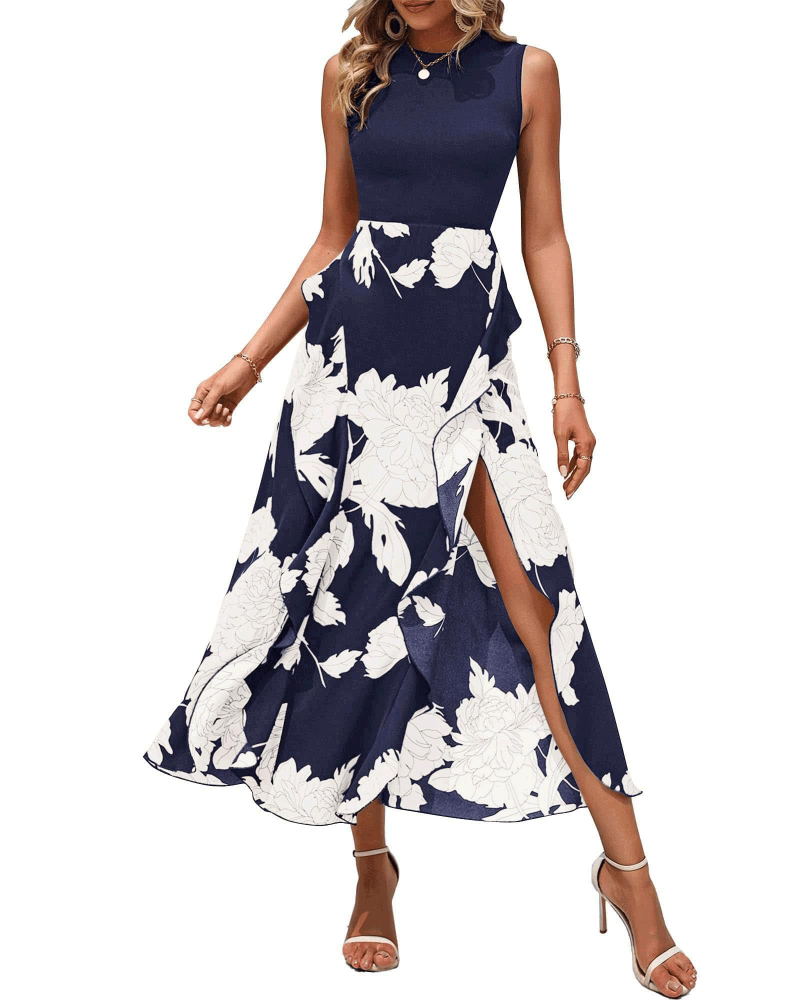 Naomi Midikleid für Damen – Strickoberteil, Blumenrock und asymmetrischer Saum