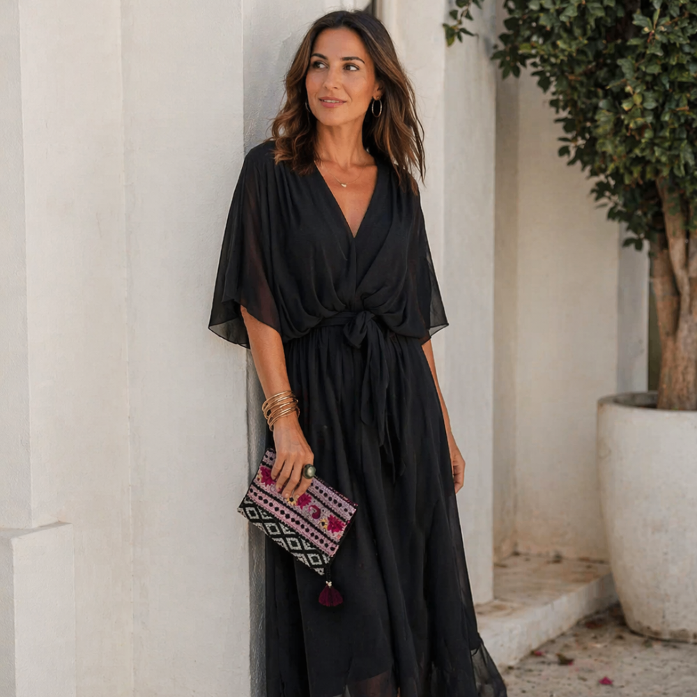 Chalin Robe Femme Midi – Robe Croisée Élégante, Tissu Fluide, Chic Décontracté
