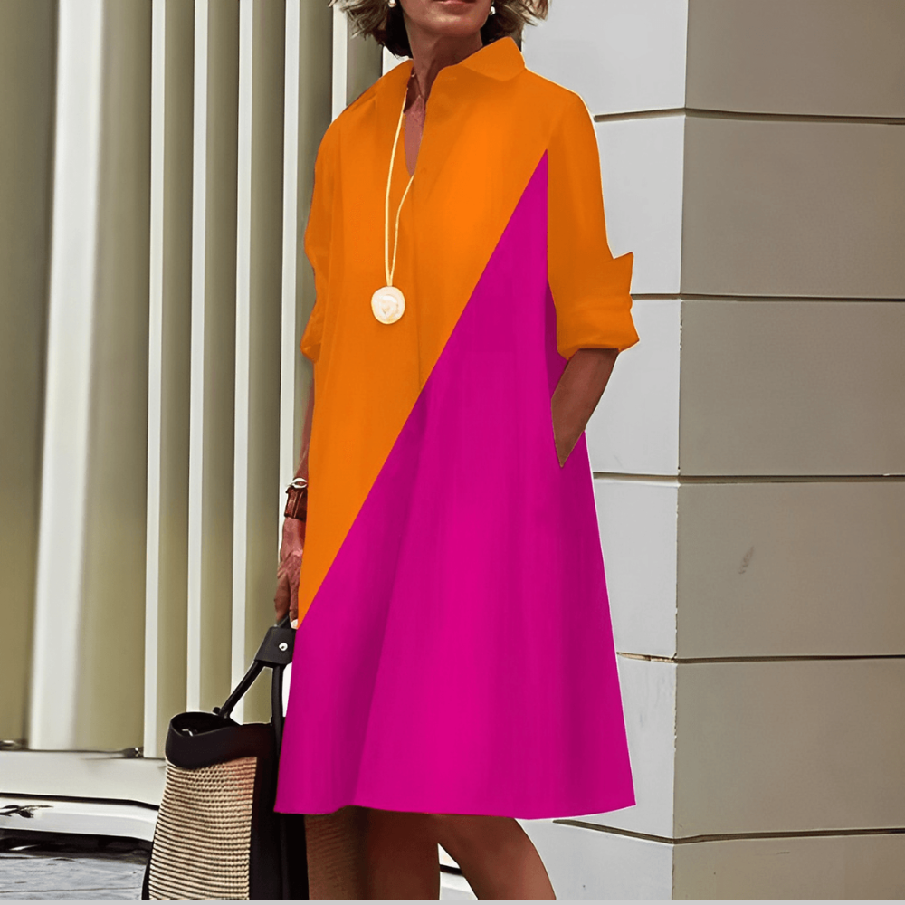 Shiela Vestido de Mujer en Lino – Vestido Elegante Escote en V, Cuello Alto, Mangas 3/4 Casual Chic