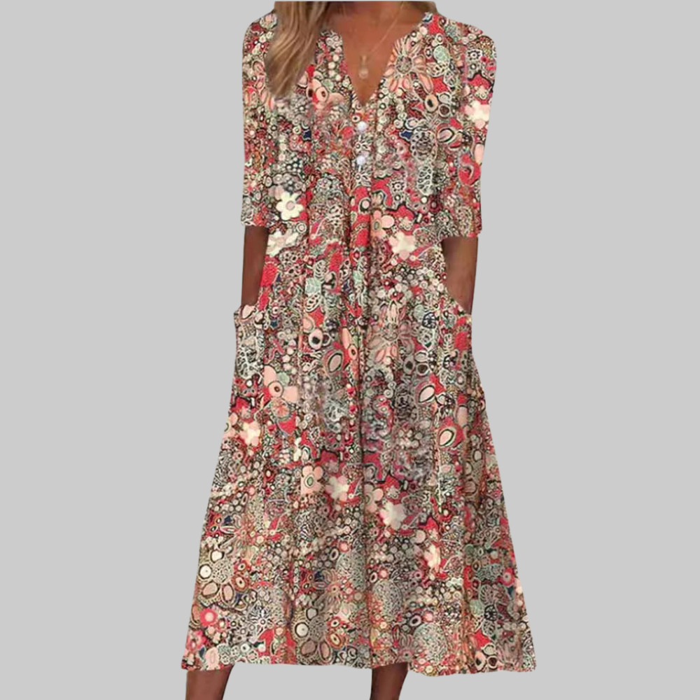 Tinne Robe Femme Chemisier – Robe Florale Élégante, Boutons, Midi Chic Décontracté
