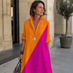Shiela Robe Femme en Lin – Robe Élégante Col V, Col Montant, Manches 3/4 Chic Décontracté