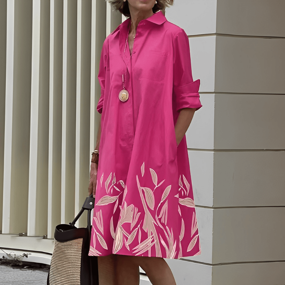 Shiela Vestido de Mujer en Lino – Vestido Elegante Escote en V, Cuello Alto, Mangas 3/4 Casual Chic