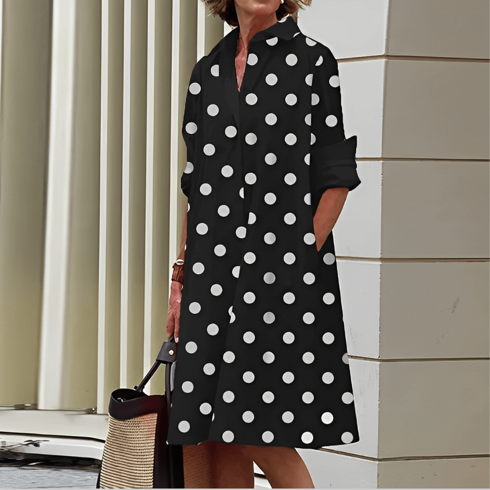Shiela Vestido de Mujer en Lino – Vestido Elegante Escote en V, Cuello Alto, Mangas 3/4 Casual Chic