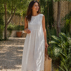Jayda Robe Femme en Coton – Robe Midi Sans Manches, Broderies Florales, Poches