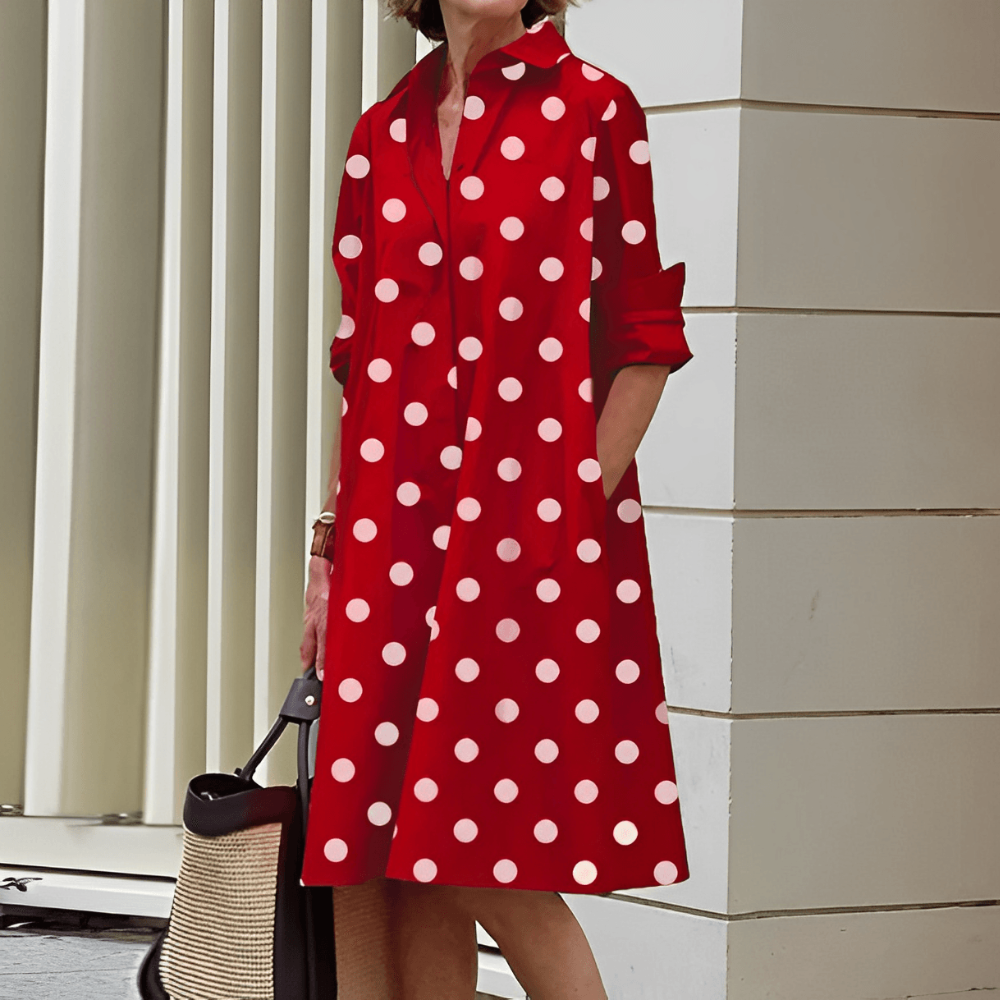 Shiela Vestido de Mujer en Lino – Vestido Elegante Escote en V, Cuello Alto, Mangas 3/4 Casual Chic
