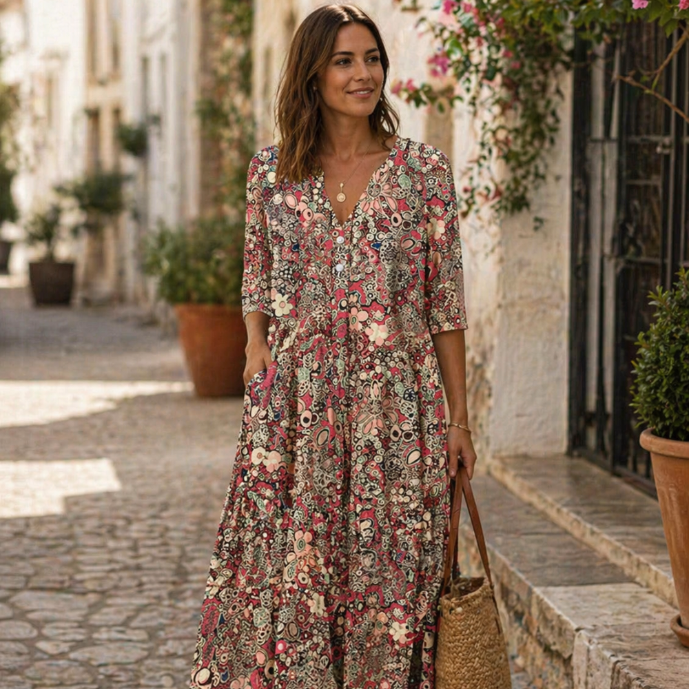 Tinne Robe Femme Chemisier – Robe Florale Élégante, Boutons, Midi Chic Décontracté