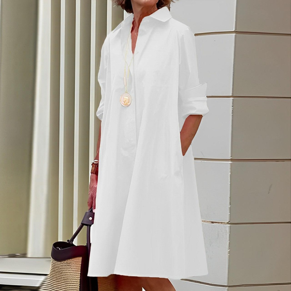 Shiela Vestido de Mujer en Lino – Vestido Elegante Escote en V, Cuello Alto, Mangas 3/4 Casual Chic