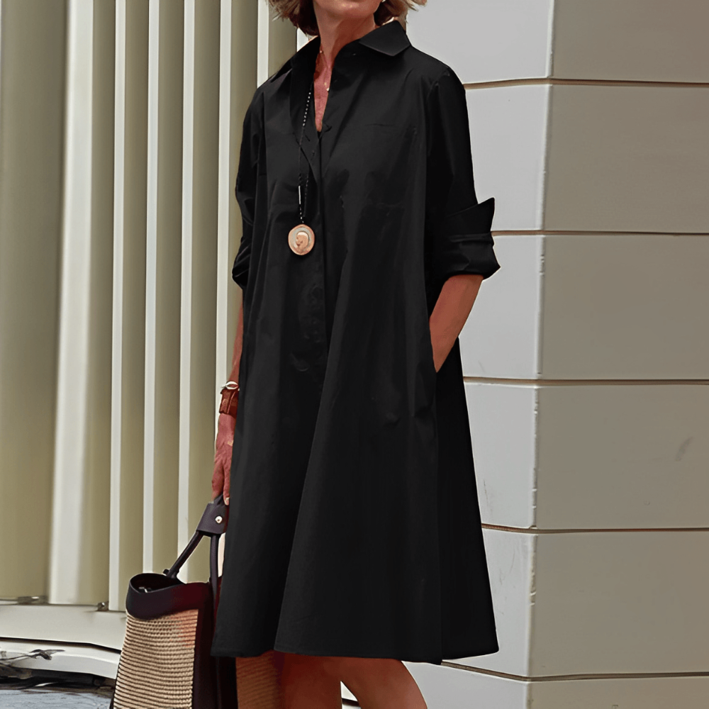 Shiela Vestido de Mujer en Lino – Vestido Elegante Escote en V, Cuello Alto, Mangas 3/4 Casual Chic