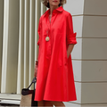 Shiela Robe Femme en Lin – Robe Élégante Col V, Col Montant, Manches 3/4 Chic Décontracté