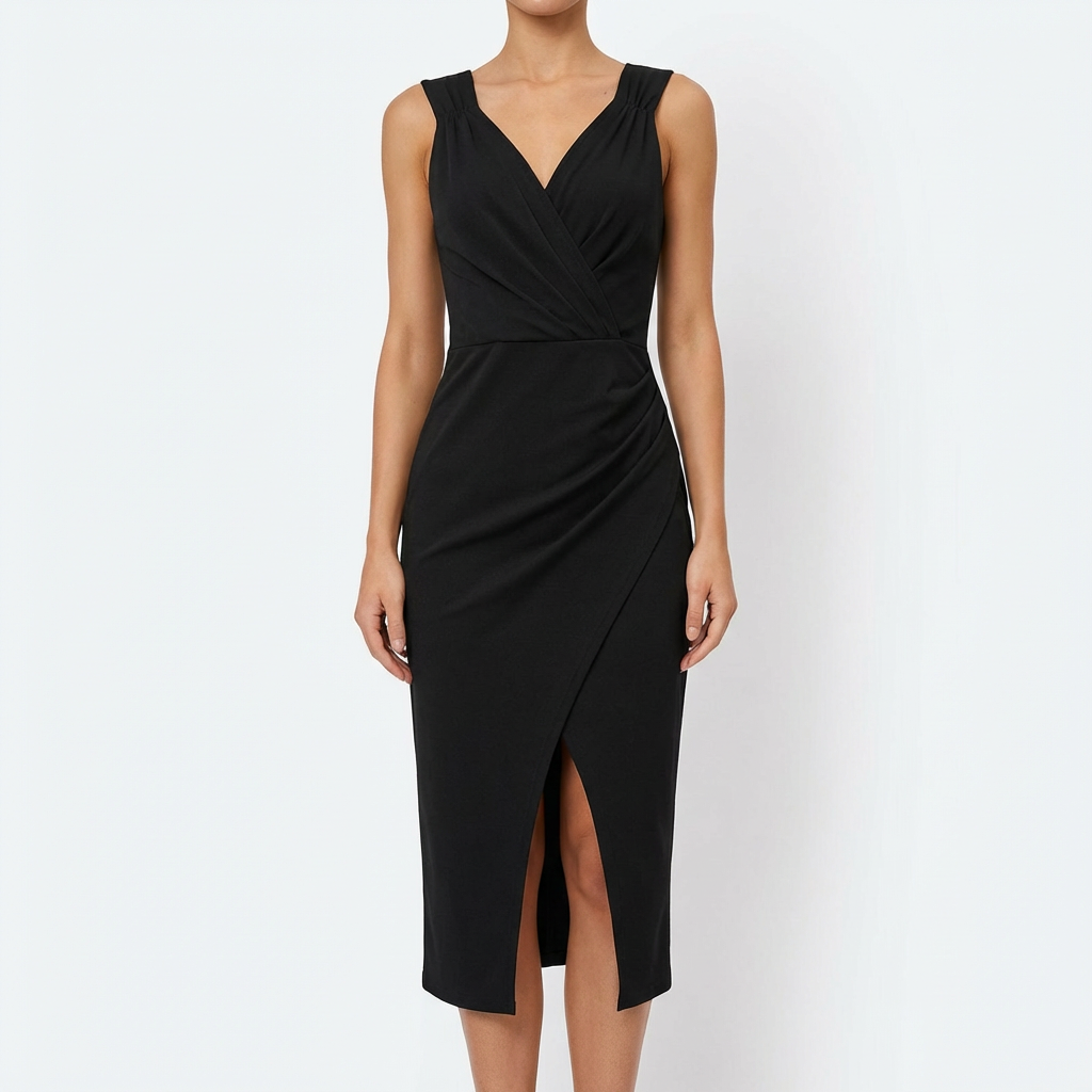 Elena Vestido Midi para Mujer Elegante – Escote en V, Abertura Lateral Sin Mangas