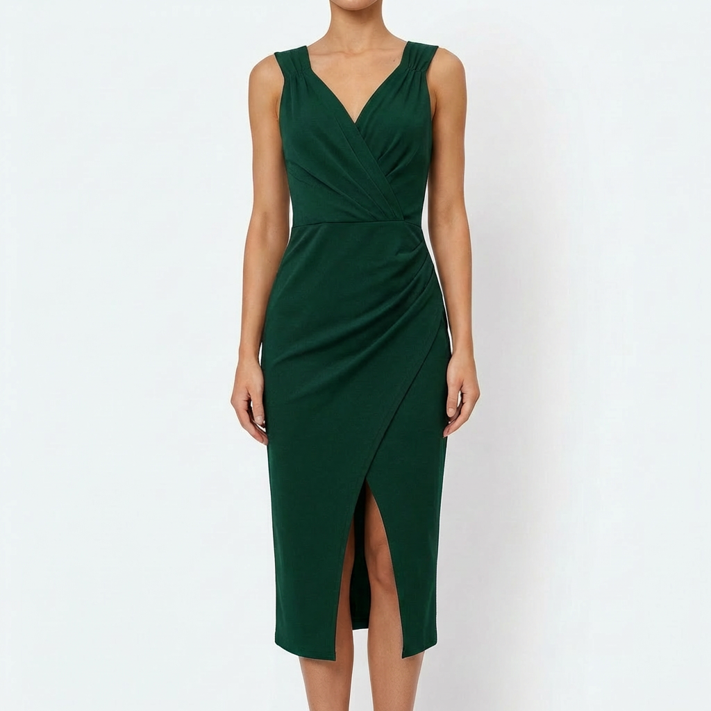Elena Vestido Midi para Mujer Elegante – Escote en V, Abertura Lateral Sin Mangas