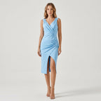 Elena Robe Femme Midi Élégante – Col V, Fente Latérale Sans Manches