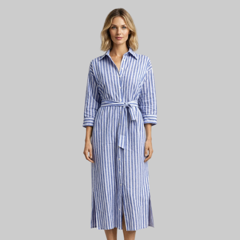 Elyra Vestido Mujer Elegante – Vestido fluido con escote en V y cinturón casual chic