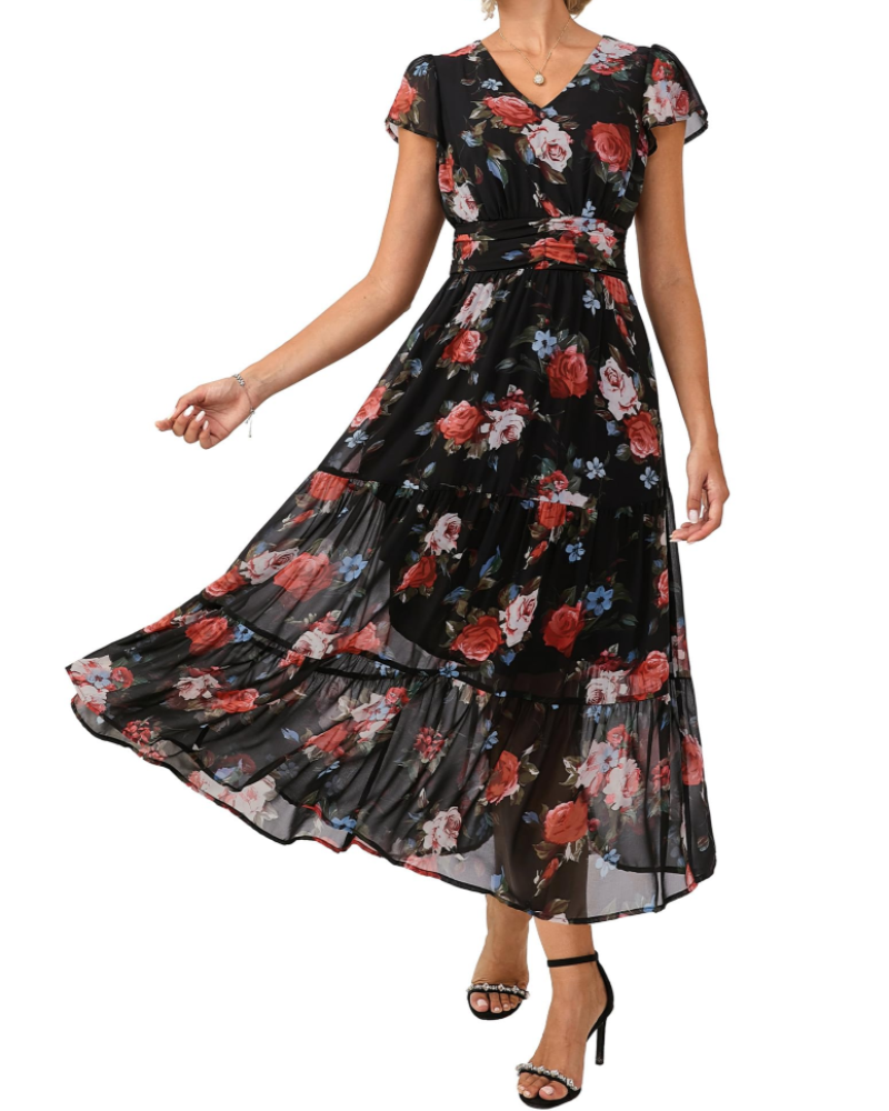 Livia Abito A-Linie Damen – Blumenkleid mit V-Ausschnitt und Volantärmeln