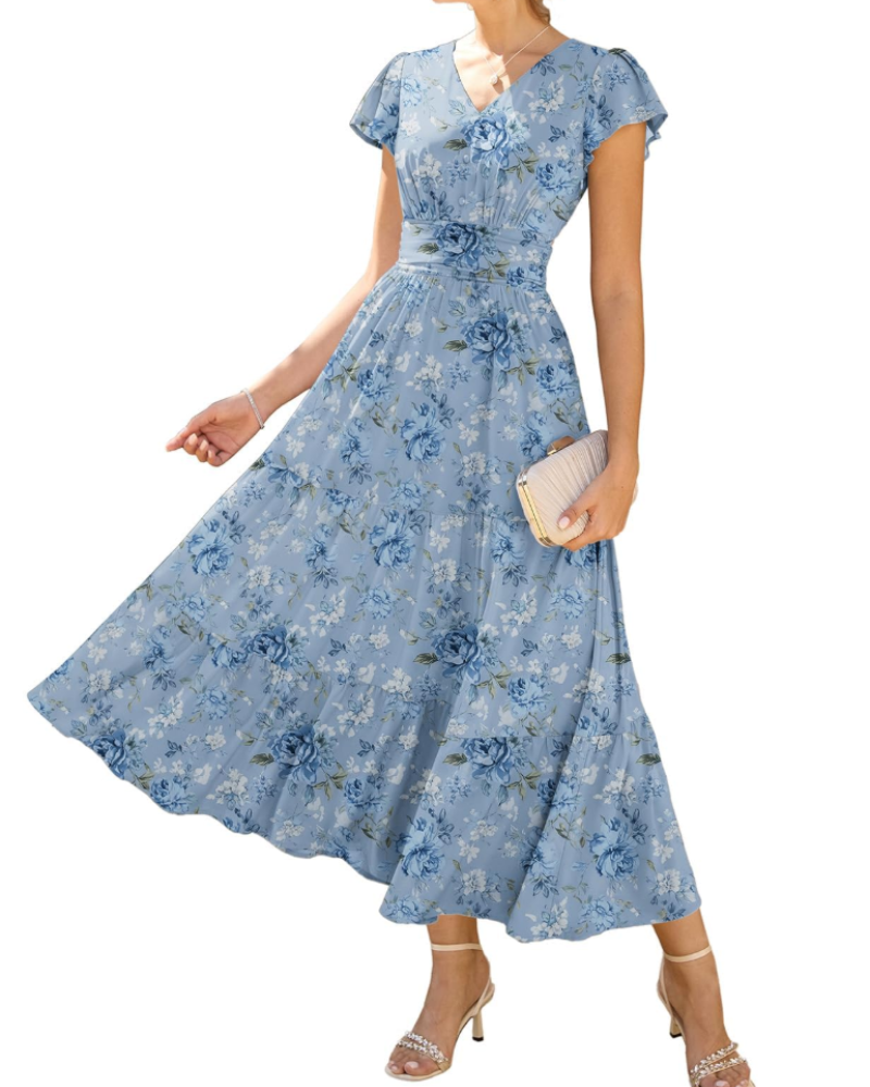 Livia Abito A-Linie Damen – Blumenkleid mit V-Ausschnitt und Volantärmeln