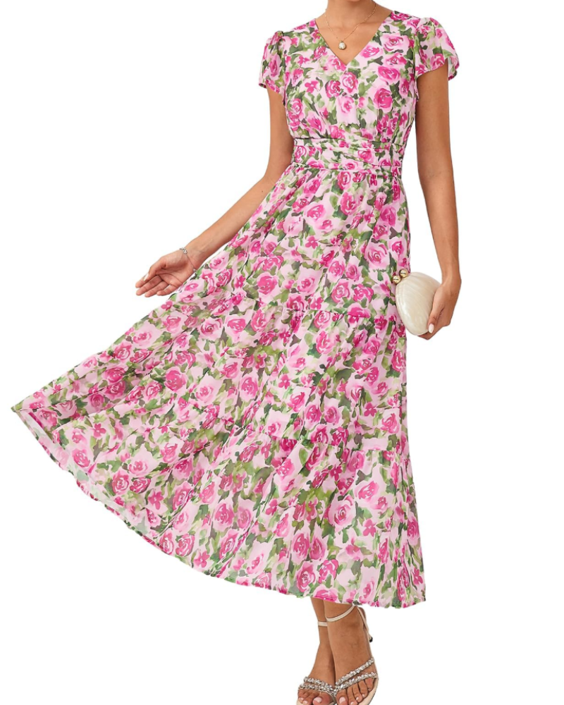 Livia Abito A-Linie Damen – Blumenkleid mit V-Ausschnitt und Volantärmeln