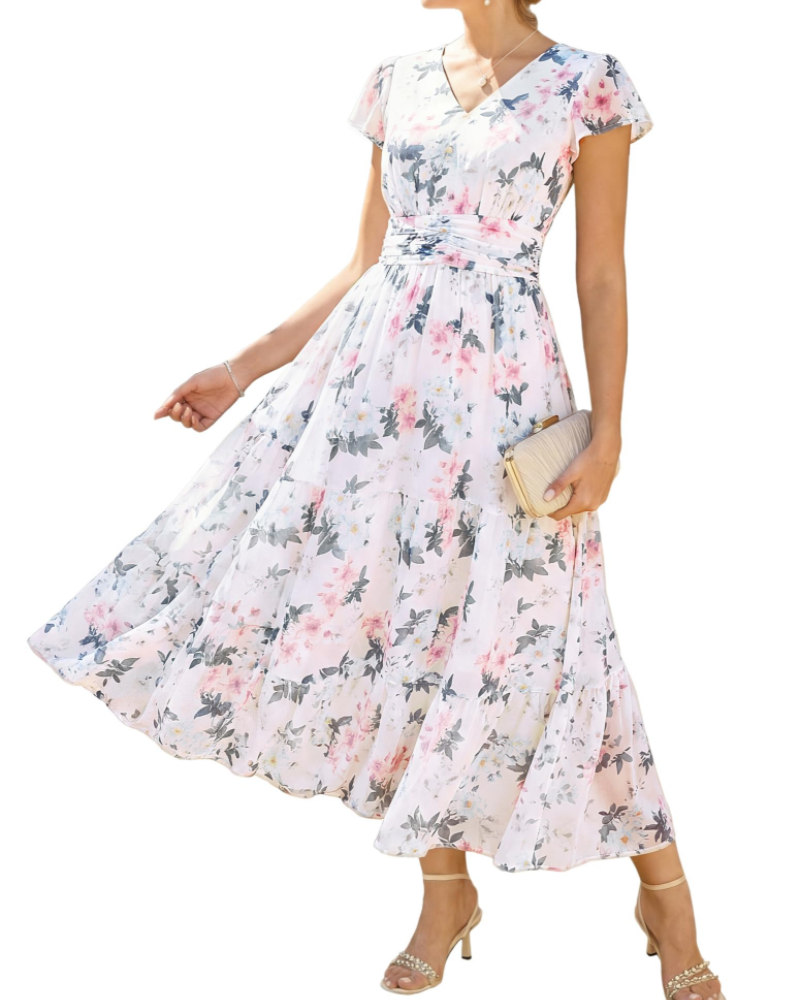 Livia Abito A-Linie Damen – Blumenkleid mit V-Ausschnitt und Volantärmeln