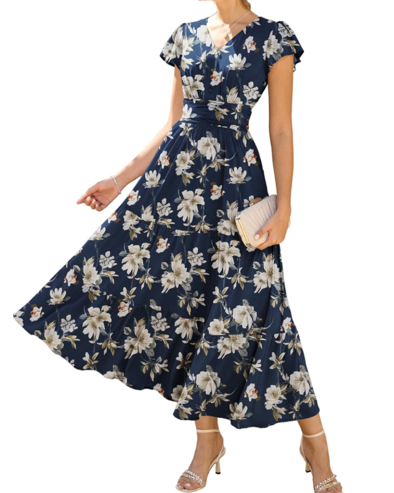 Livia Abito A-Linie Damen – Blumenkleid mit V-Ausschnitt und Volantärmeln