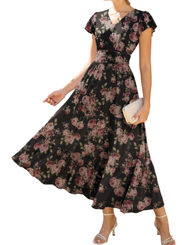 Livia Abito A-Linie Damen – Blumenkleid mit V-Ausschnitt und Volantärmeln