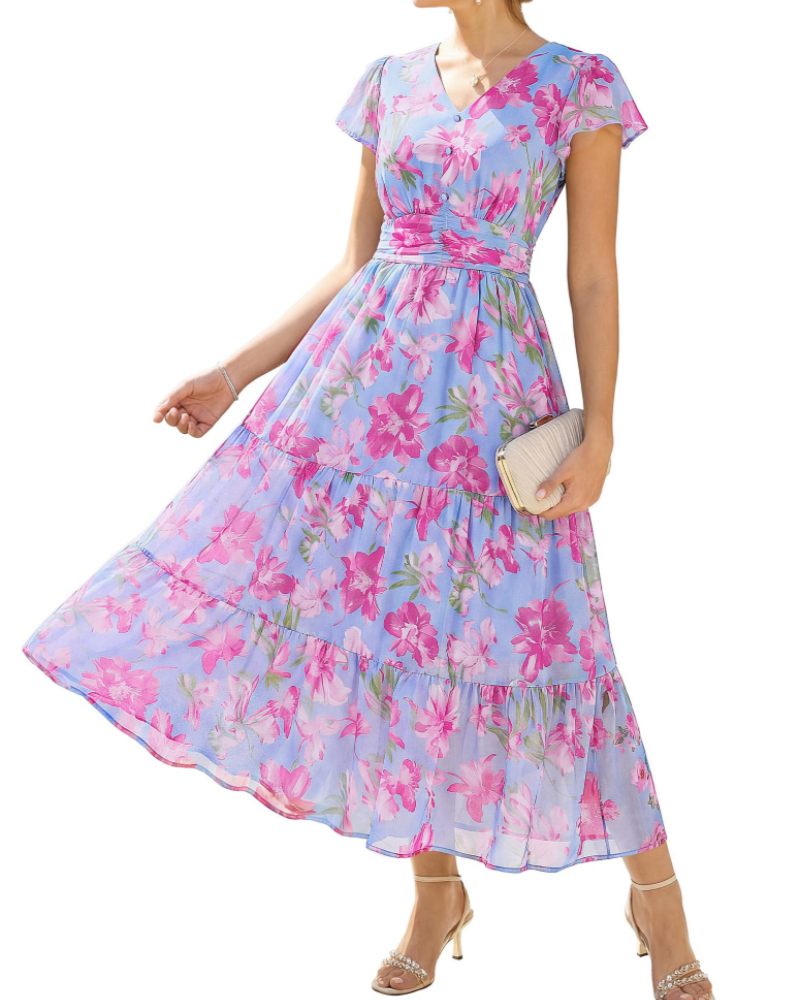 Livia Abito A-Linie Damen – Blumenkleid mit V-Ausschnitt und Volantärmeln