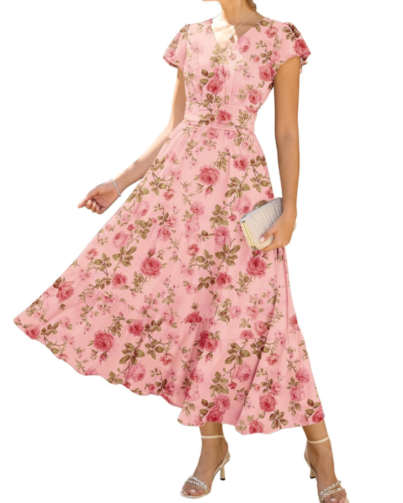Livia Abito A-Linie Damen – Blumenkleid mit V-Ausschnitt und Volantärmeln